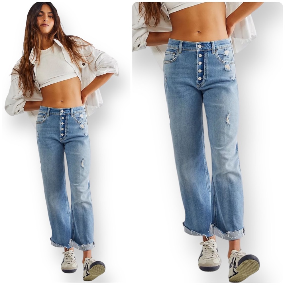 Boyish Denim The Mikey High Rise Wide Straight Leg Distressed Blue Jeans SZ 27